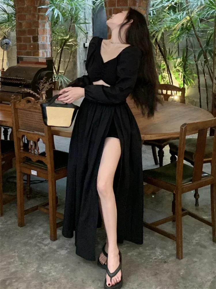 Vintage Dresses Women Hollow Out Hotsweet Chic Slim Fashion Holiday Cozy  High Waisted Ins Spring Long Sleeved Clothing Popular - AliExpress 200000345