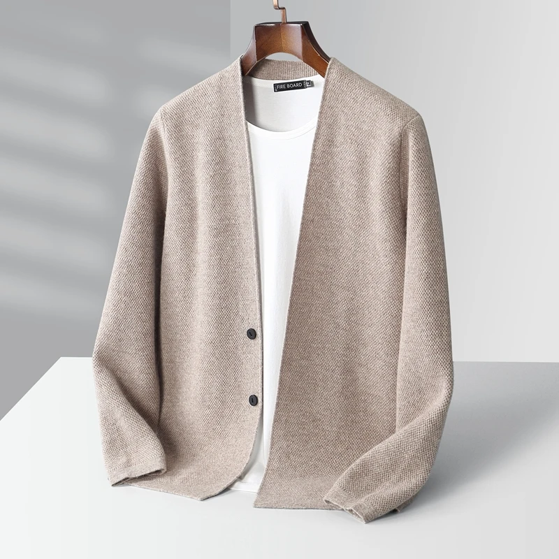 New Cashmere Jacket Men V-Neck Knit Cardigan Spring Autumn Casual Loose Top Youth Pure Wool Sweater Warm High Quality Men Coat