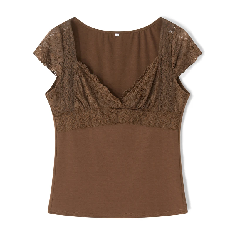 Brown Lace Crop Tops Vintage Aesthetic Women V Neck Short Sleeve T Shirt y2k Fairy Grunge Clothes 2000s Streetwear