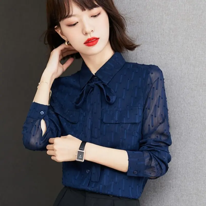 

Fashion Lapel Spliced Gauze Lace Up Bow Chiffon Shirt Female Clothing 2022 Autumn New Casual Tops Loose Office Lady Blouse