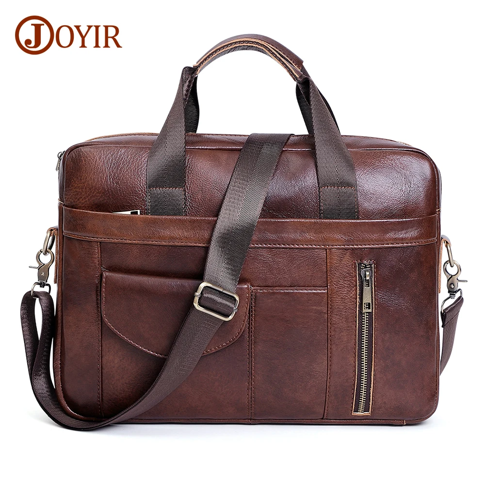 Leather briefcase JOYIR Genuine Leather Laptop Briefcase for Men Retro Travel Messenger Bags 15.6 Inch High Capacity Computer Shoulder Bag