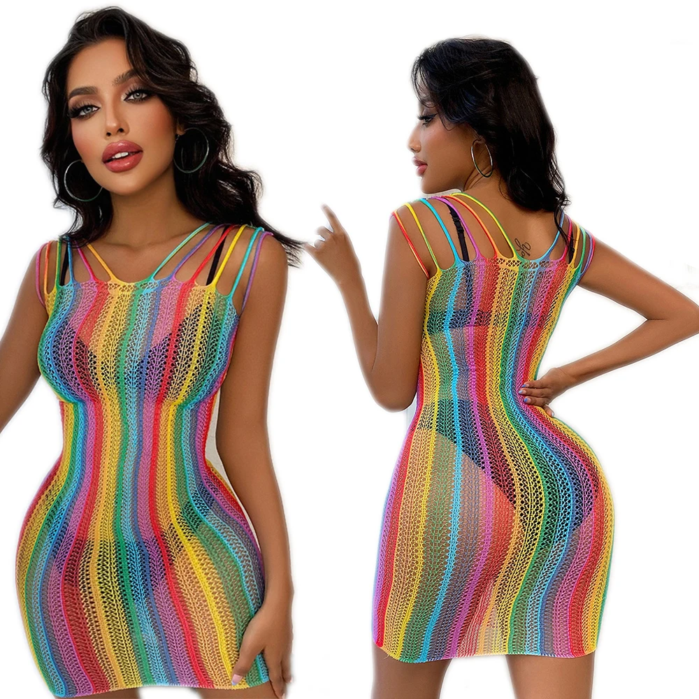 PlusSizeColorRainbowDressTransparentHollowFishnetEroticrainbowdressLacePlungeChemiseColorfulStripeHalterBackless-AliExpress200000532