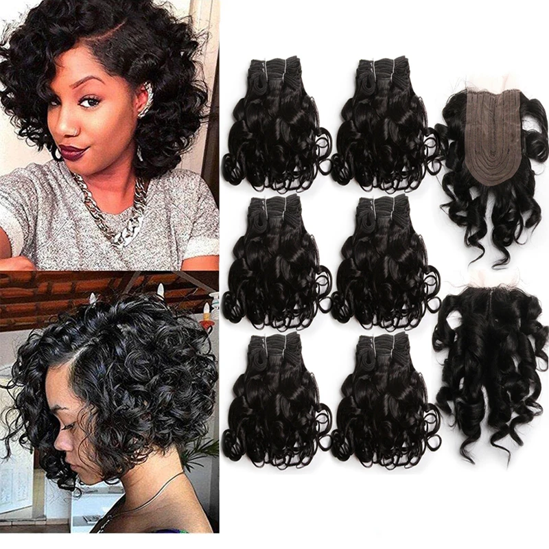 Human Hair Bundles Short Curly With 4x1 T Part Lace Closure Brazilian Natural Color Human Hair Extensions