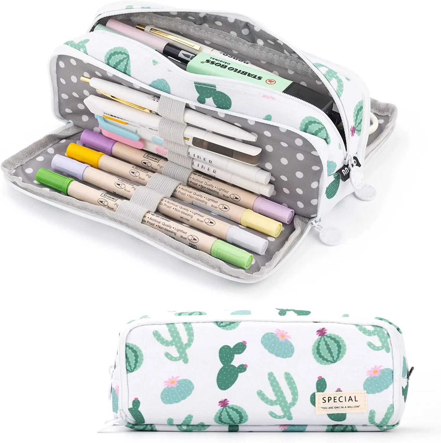

Large Pencil Case with Zipper Lightweight Spacious stationery organizer for Adults School Teen Girl Boy, Green Cactus pattern
