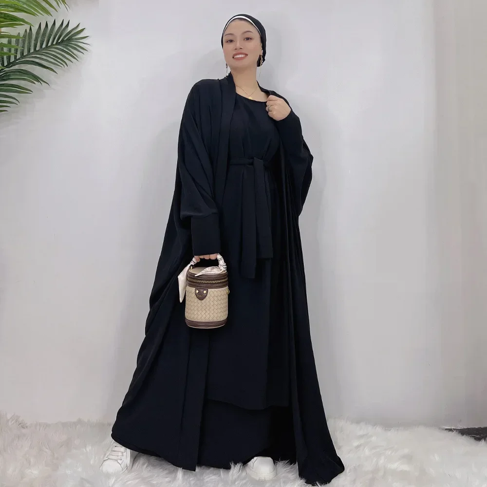 Muslim Sets 2 Piece Matching Abaya Kimono Crinkle Abayas for Women Dubai Turkey Hijab Inner Dress Islam Suits Ramadan Outfits