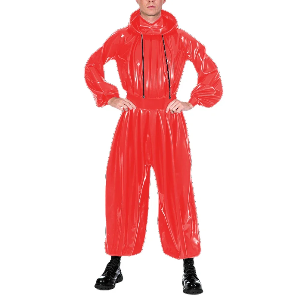 Wetlook Long Sleeve Pleat Loose Hooded Jumpsuit Mens Womens Shiny PVC Bloomers Rompers Halloween Party Cosplay Costume Zentai