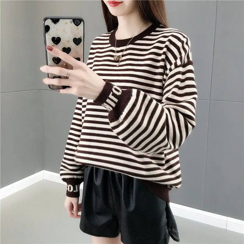 Fashion Letter Knitted Striped Sweatshirts Female Clothing 2023 Autumn Winter New Oversized All-match Tops Casual Sweatshirts
