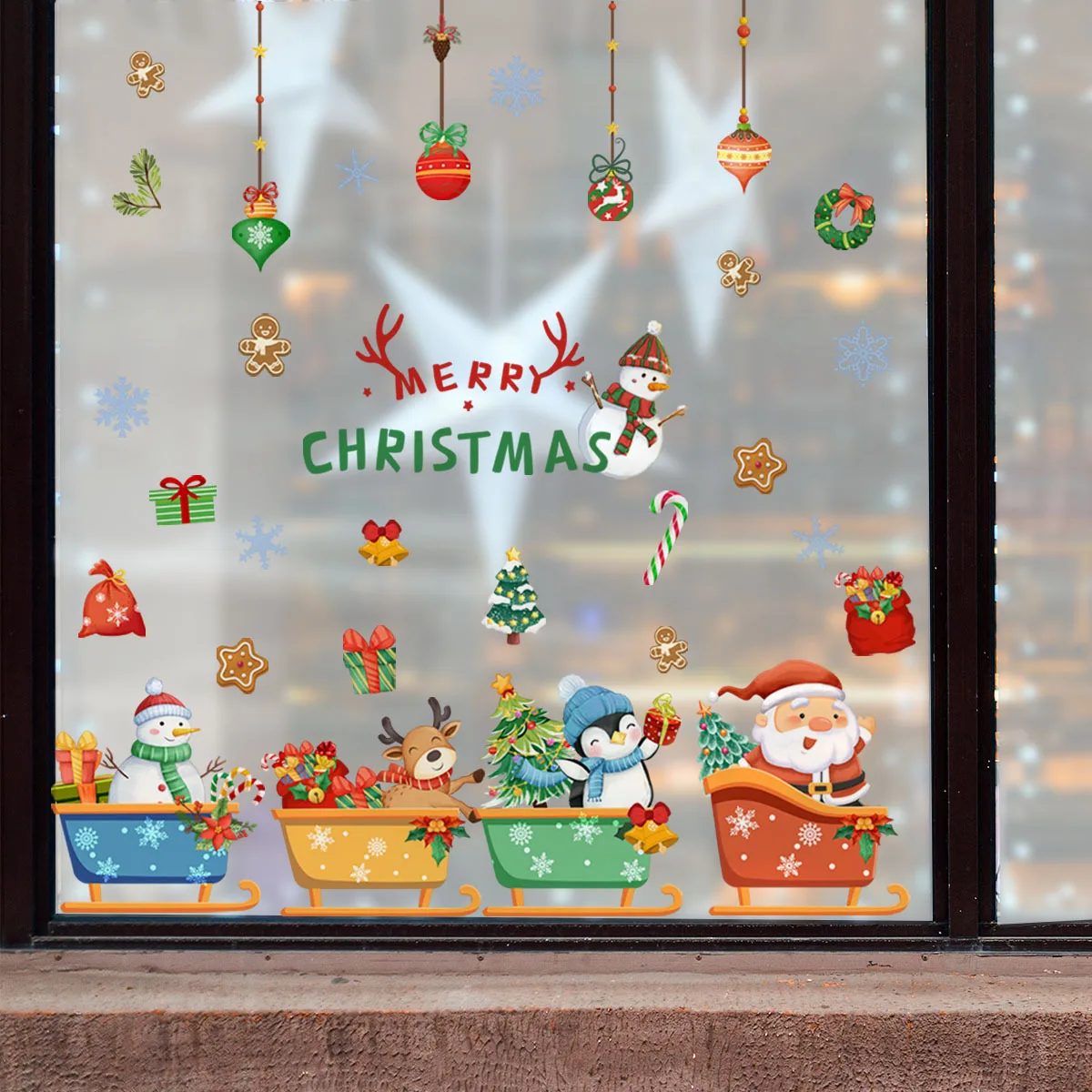 Reindeer Penguin Snowman Santa Sleigh Static Cling Sticker Multi-Element Double-Sided Window Decal for Christmas Decor