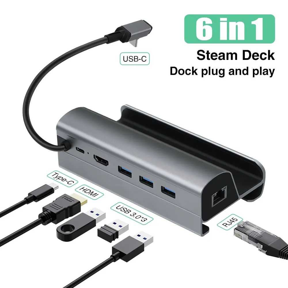 Steam Deck Dock 6 In 1 Steam Deck Stand Accessori 3 * Usb 3.0 Hdmi 4K @ 60Hz Gigabit Ethernet 1000Mbps Usb-C Pd 60W Steam Deck Hub