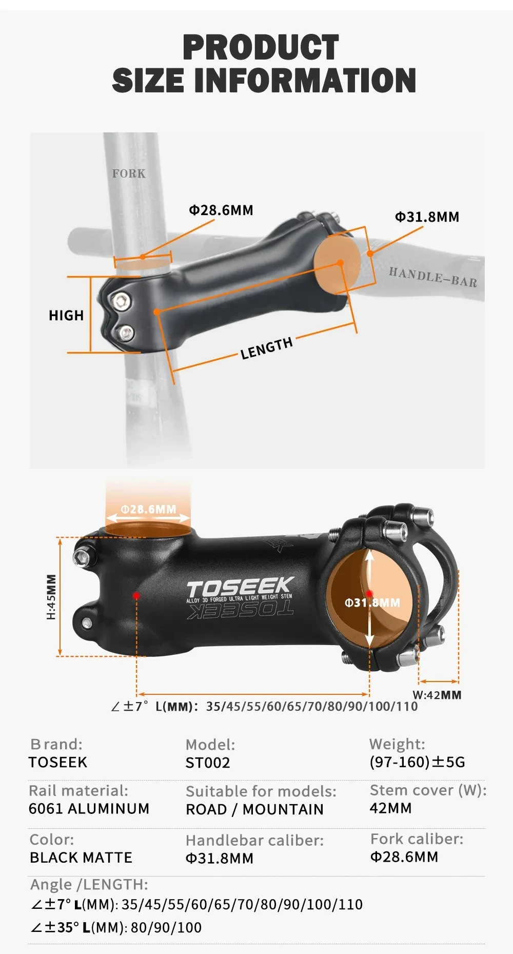 Description Picture 6 of itemTOSEEK ST002 Bicycle Stem 31.8mm Handlebar Bike Stem Mountain Road Short Stem 35/45/55/60/65/70/80/90/100/110mm