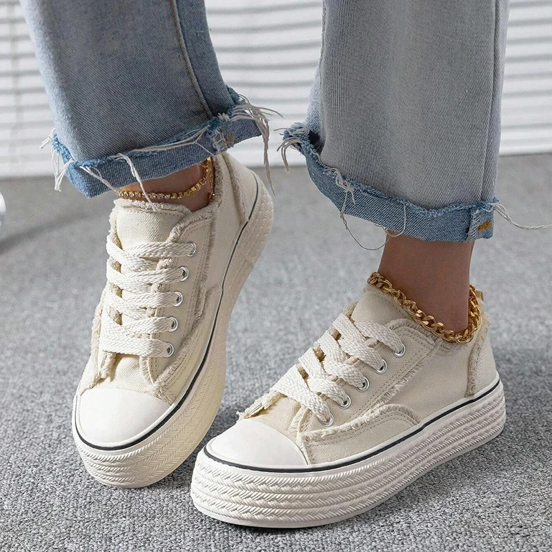 

Women Raw Trim Lace-up Sky Blue 2023 Summer Fashion Vacation Canvas Slide New Outdoor Women Sneakers Canvas Leisure Shoes