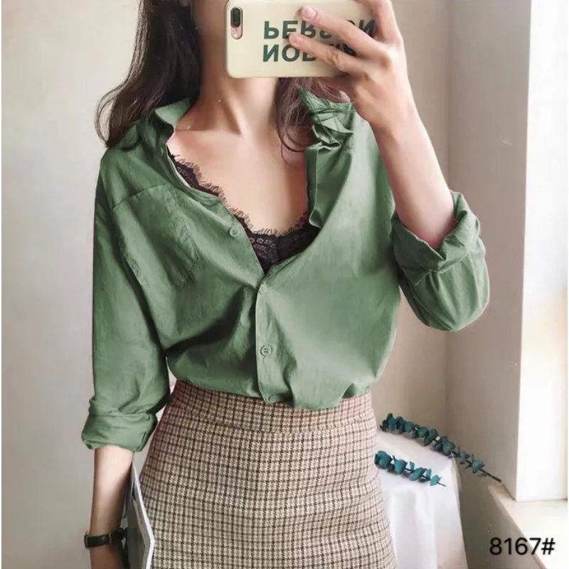 Spring Cotton Y2K Shirts Thin Women Candy Color Long Sleeves Blouses Lapel Inner Tops Loose Commuting Fine Yarn Light Clothing