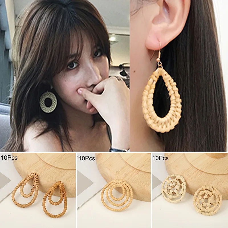 

10pcs/lot Korea Bohemia Handmade Geometric Rattan Weave Vine Drop Earring Accessories DIY Pendant Earring Vacation Party Jewelry