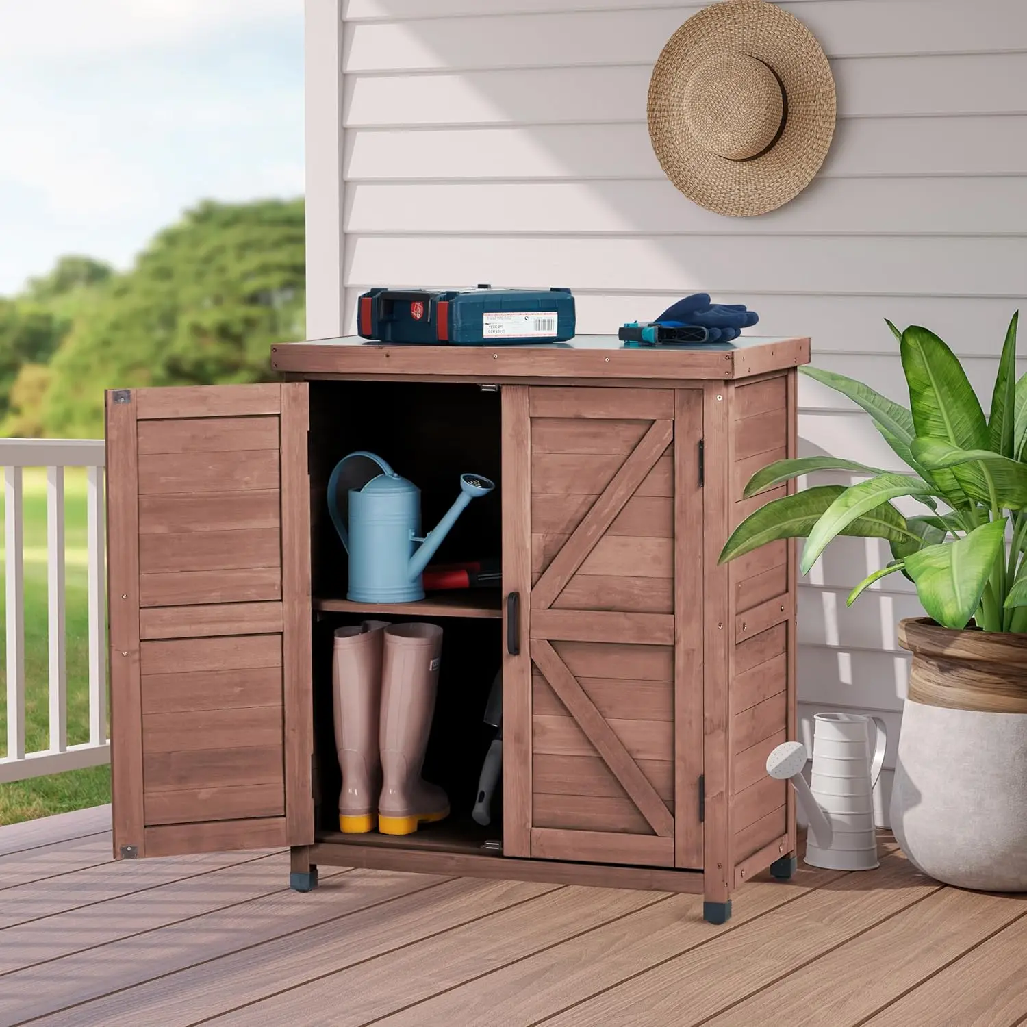 Outdoor Potting Bench with Storage Cabinet and Metal Top 2