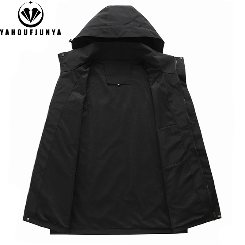 2024 Men Spring Outdoor Leisure Solid Detachable Hooded Jacket Men Autumn Waterproof High-Quality Design Jacket Male Coat 8XL 5