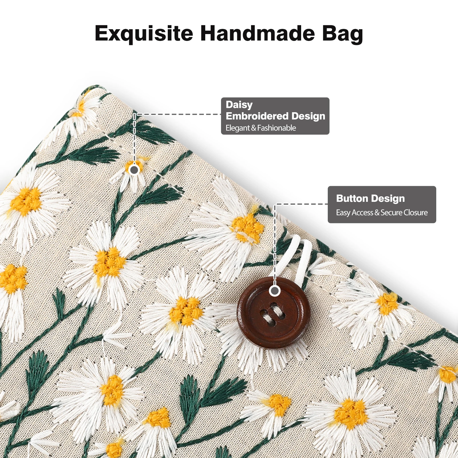 Embroidered Daisy Padded Sleeve Pouch
