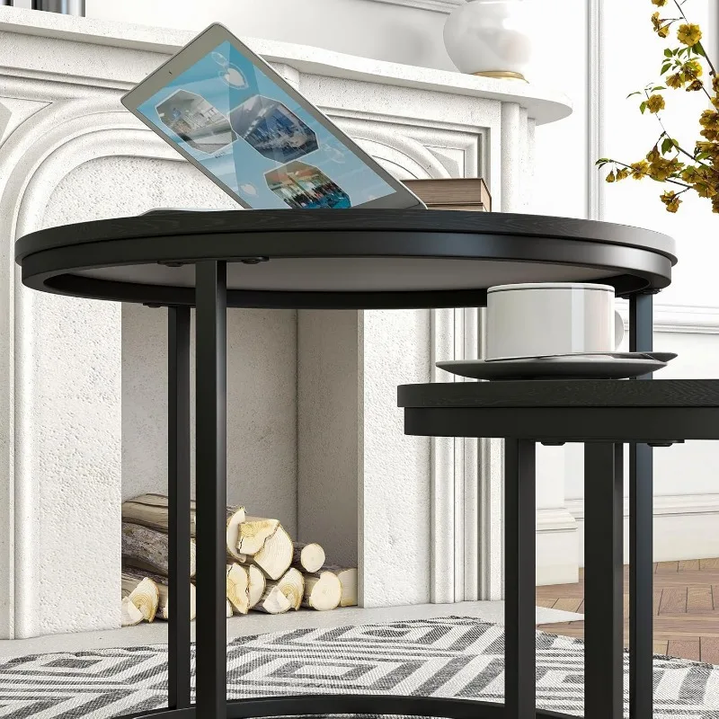 Small Coffee Table Set of 2,Round Coffee Table End Tables for Living Room,Modern Black Coffee Table Nesting Tables,Farmhouse 6