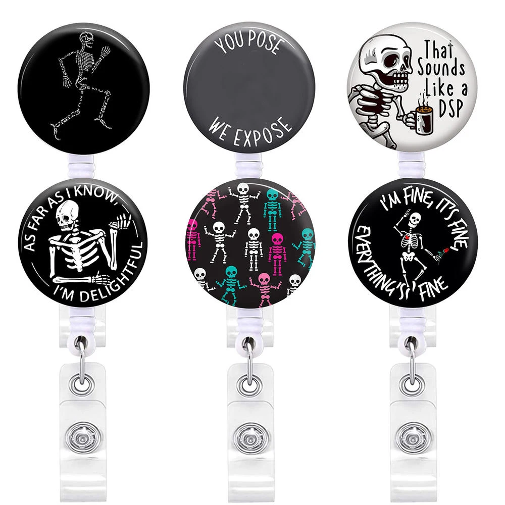 

Halloween Skeleton Nurse Badge Reel Clip Holder Doctor Retractable Telescopic Buckle Easy-Pull ID Name Card Holder Badge Clip