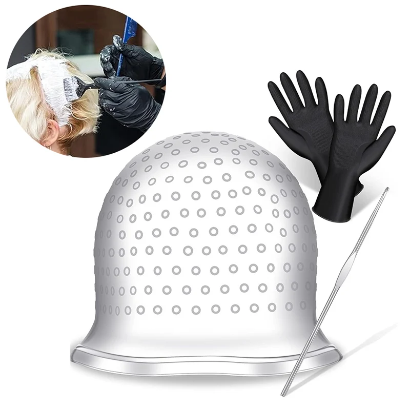 4 stücke Haar Färbung Kappe mit Haken Wiederverwendbare Haar Färben Handschuhe Hervorhebung Silikon Hut DIY Haar Schönheit Styling Werkzeuge Kit – Detail 1