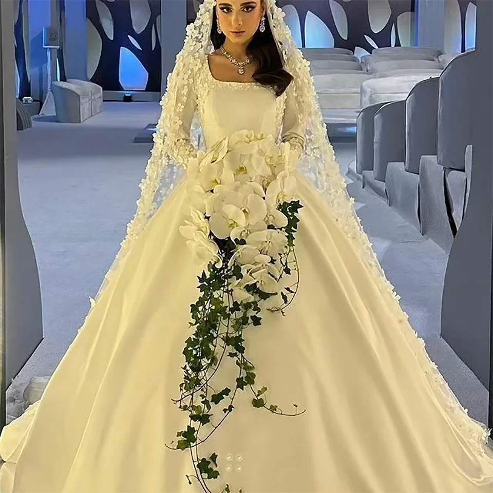 Maßgeschneiderte Blumenapplikationen Ballkleid Satin Hochzeitskleid 2026 Prinzessin Quadratischer Ausschnitt Lange Ärmel Brautkleider Vestidos De Novia – Detail 5