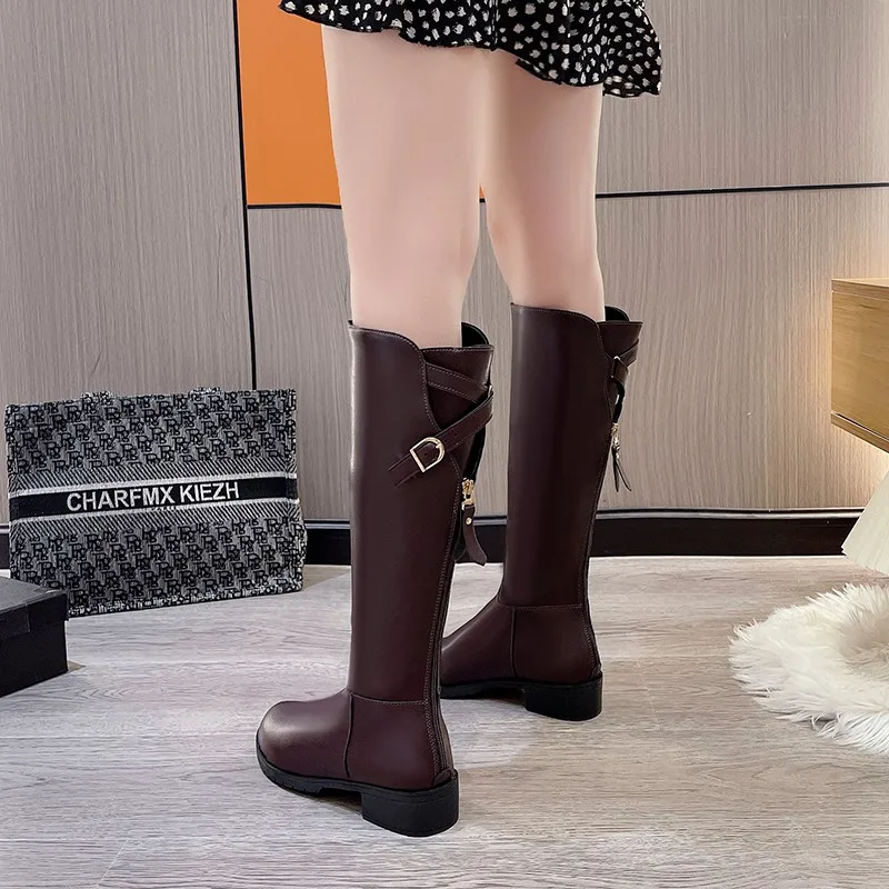 

Женская обувь, Лидер продаж 2023, женские сапоги с пряжкой и ремешком, модные сапоги на молнии сзади для верховой езды, высококачественные сапоги до колена с круглым носком