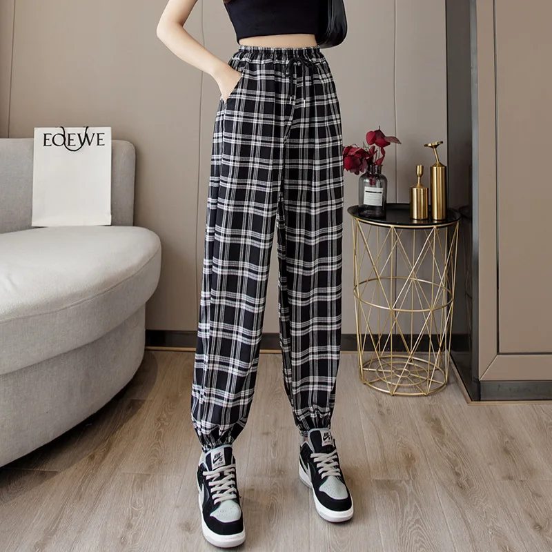 

Plaid Pants Women Casual Loose Wide Leg Trousers with Pocket Ins Retro Drawstring Black and White Checked Pants Summer
