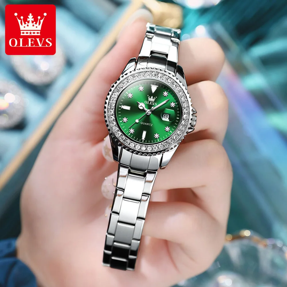 OLEVS Brand New Fashion Green Quartz Watch for Women Leather Waterproof Calendar Luxury Diamond Watches Womens Relogio Feminino