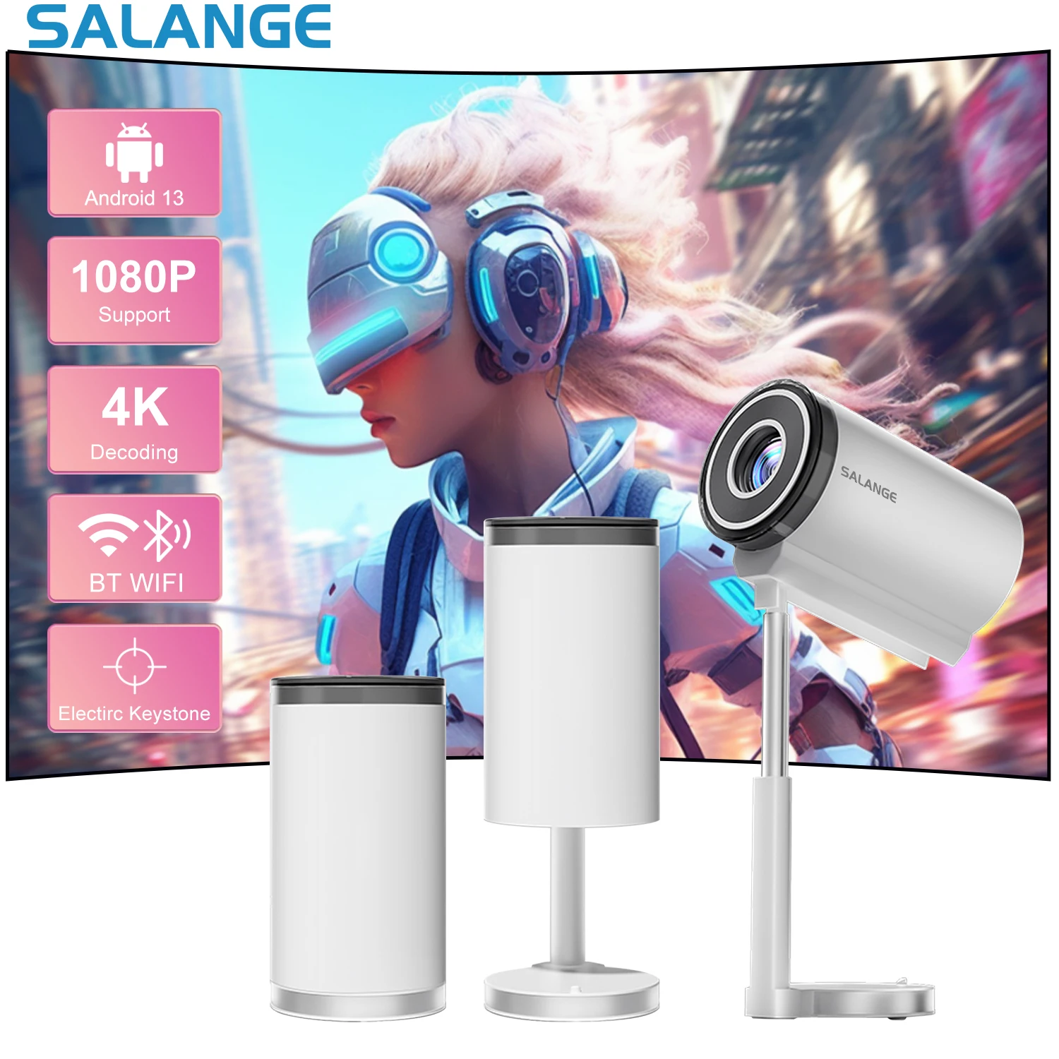 Video Projector Salange 4K Video Projector Android11 WiFi 1080P Electronic Focus Flexible Adjustable Stand Outdoor Home Cinema
