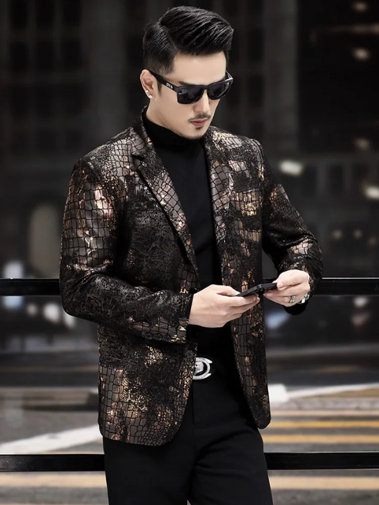 Business Men Snake Pattern Real Sheepskin Blazer Work Suit Coat - Main Image