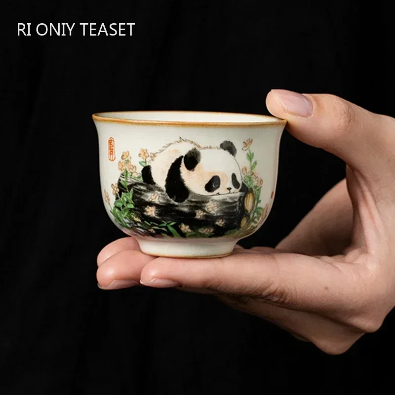 1 Pc Chinese Tradition Ru Kiln Ceramic Tea Cup Hand-painted Cute Pandas ...