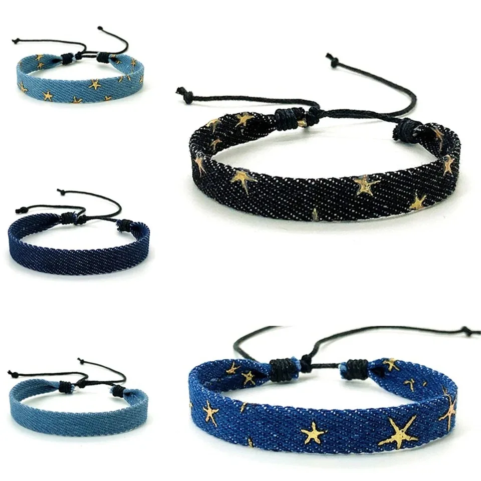 Vintage Star Pattern Denim Fabric Bracelet Handwoven Wrist Strap Jewelry for Women Men