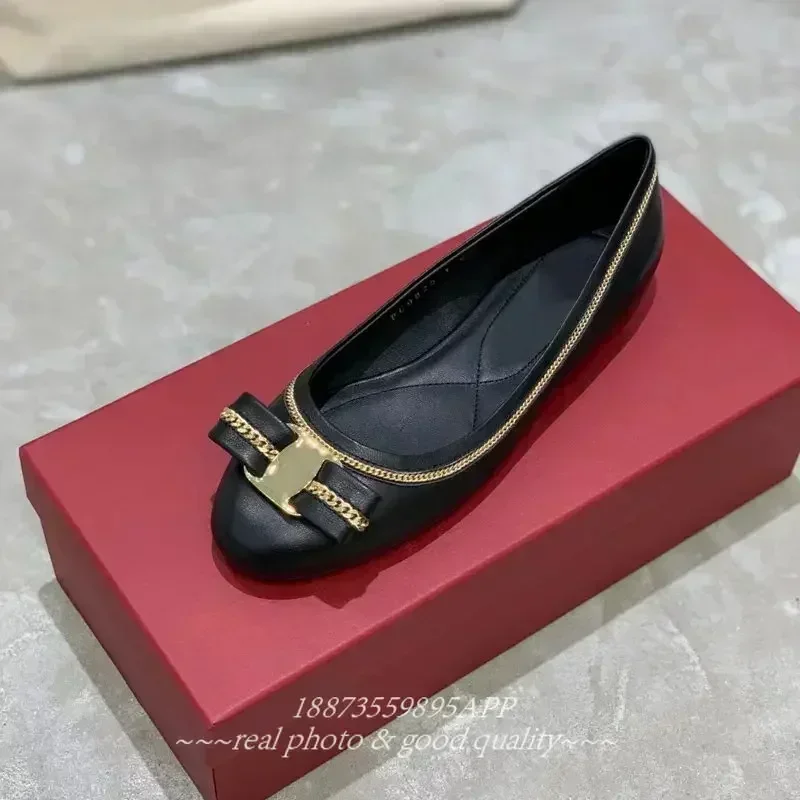 Top quality soft suede round head chain bow women's flat 3cm chunky heels elegant women's office work shoes 2