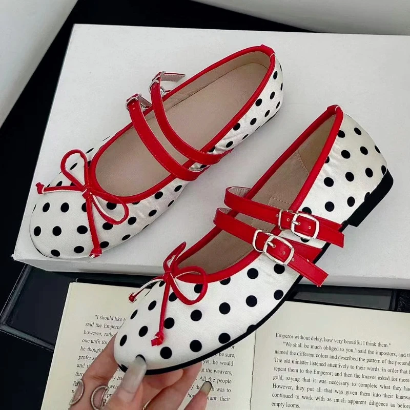 Retro Red Polka Dot Mary Jane Shoes Women Fashion Narrow Band Buckle ...
