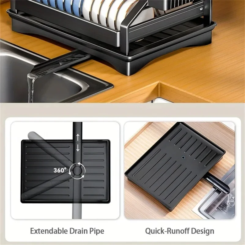 Dish Drying Rack Double Layer Kitchen Organizer with Chopstick Holder & Cup Storage Sink Counter Shelf for Plates Bowls Utensils 6