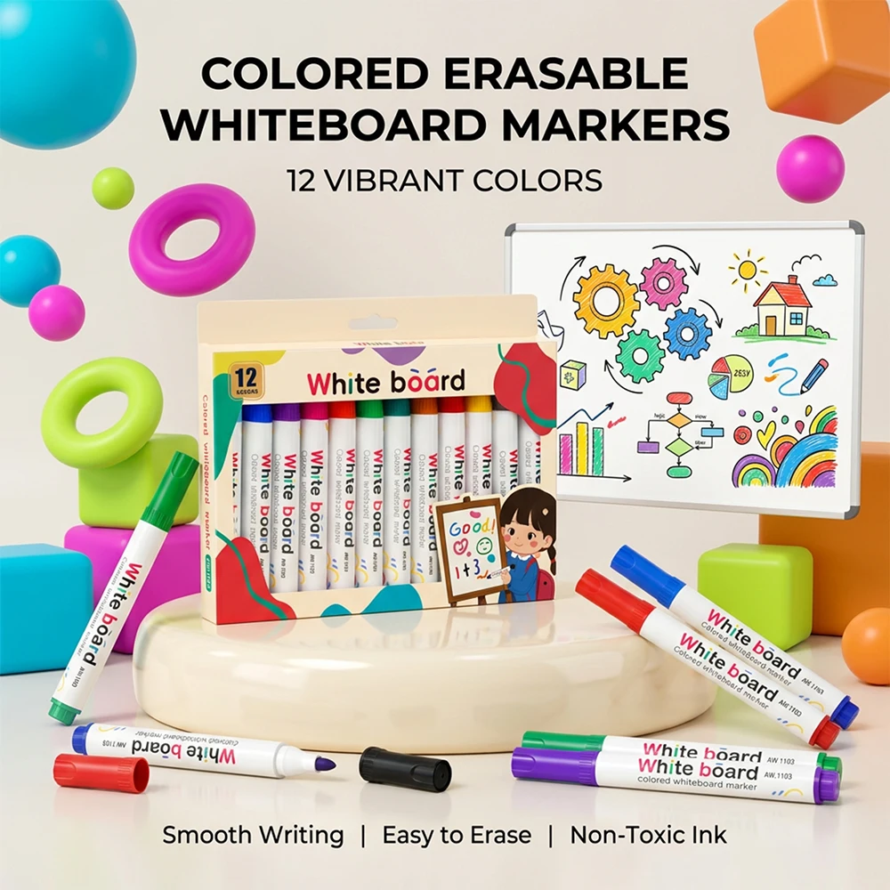 Vibrant Whiteboard Marker Set - 12 Erasable Non-Toxic Colors for Teaching, Meetings, and Creative Projects