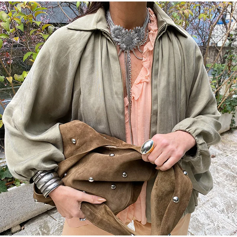 Description Picture 5 of itemStreet Loose Jackets Women Fashion Pleated Lapel Batwing Long Sleeve Female Coats 2025 Spring Summer Y2k Zipper Lady Outwears