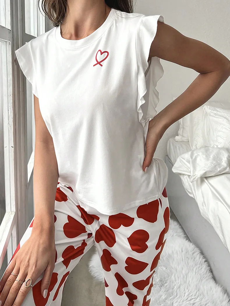 Spring Summer Heart Print Sleepwear Women Comfortable Pajamas Set Short Sleeve T-shirt with Pants Casual Homewear Loungewear