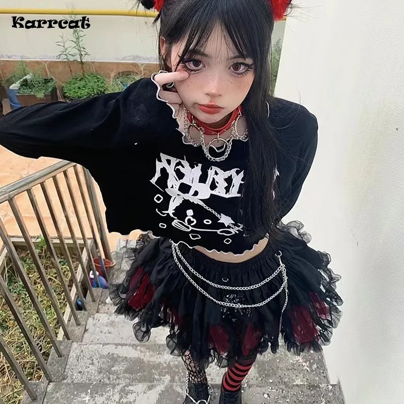 Karrcat Grunge Estética Tops Cyber Y2k V-neck T-shirt Estilo Punk Crop Top  Gothic Chic Designer Roupas Streetwear Alternativa - AliExpress