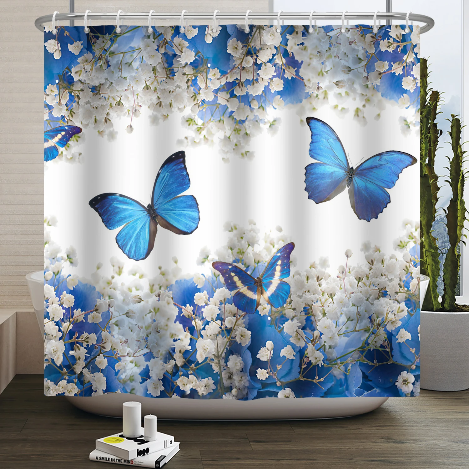 Flower Butterfly Shower Curtain, Blue Floral Shower Curtain Polyester Fabric Bath Shower Curtain for Bathroom with 12 Hooks the bookshop the gate of angels and the blue flower