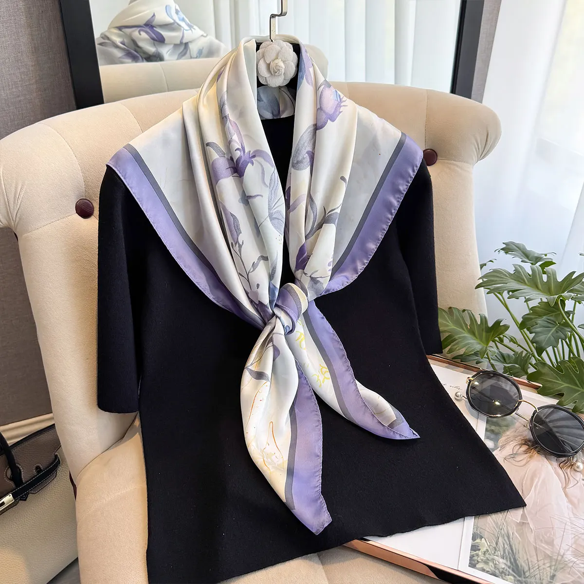 New Spring and Summer Design Luxury 90cm Women Scarf Sunscreen Foulard Shawl Hijab Female Hair Hijab Wraps Neckerchief Bandanda