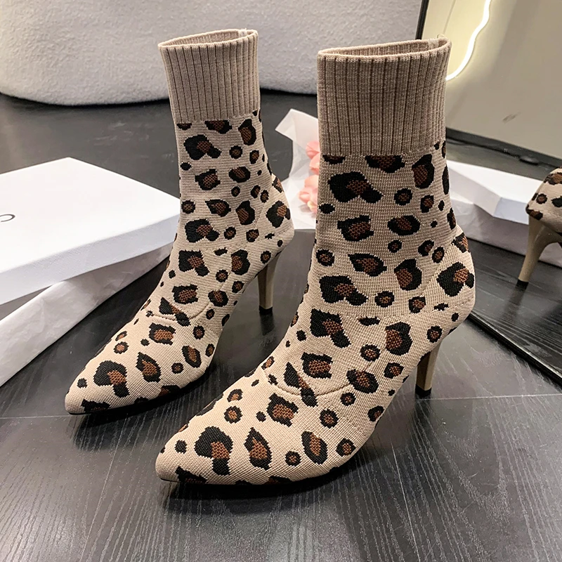 Leopard Print Sexy Sock Boots Knitting Stretch Boots Women Shoes