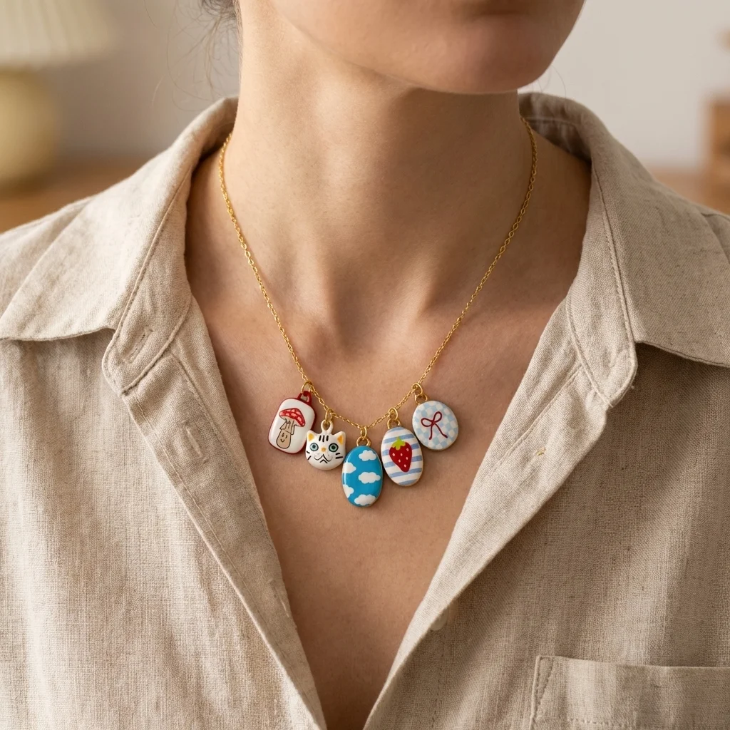 3 Stück Dopamin-Anhänger mit beliebten Motiven wie Schleifen, Blumen, Erdbeeren, herzförmigen Birnen und handgemalten Zeichnungen für Schmuck.