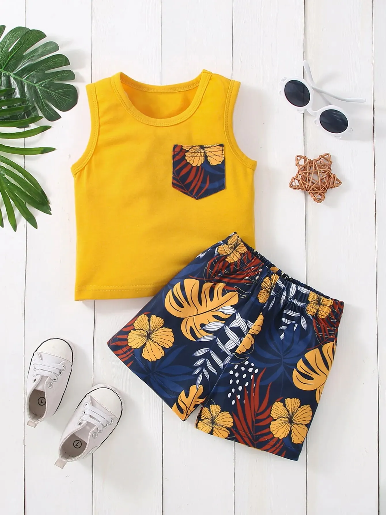 Printed Tank Shorts Two-piece Summer Fashion Printed Tank Shorts for Baby Girls Handsome Breathable Casual Suit for Baby Boys
