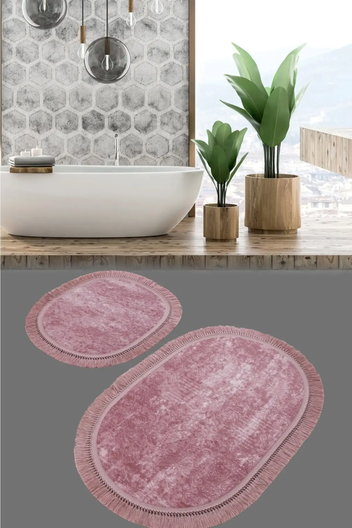 

Bath Carp Mat Cotton Non-Slip Base Oval Fringe 2 Li Toilet Set (Rose dry, 60x100cm) with 2 (60X100) (50X60)