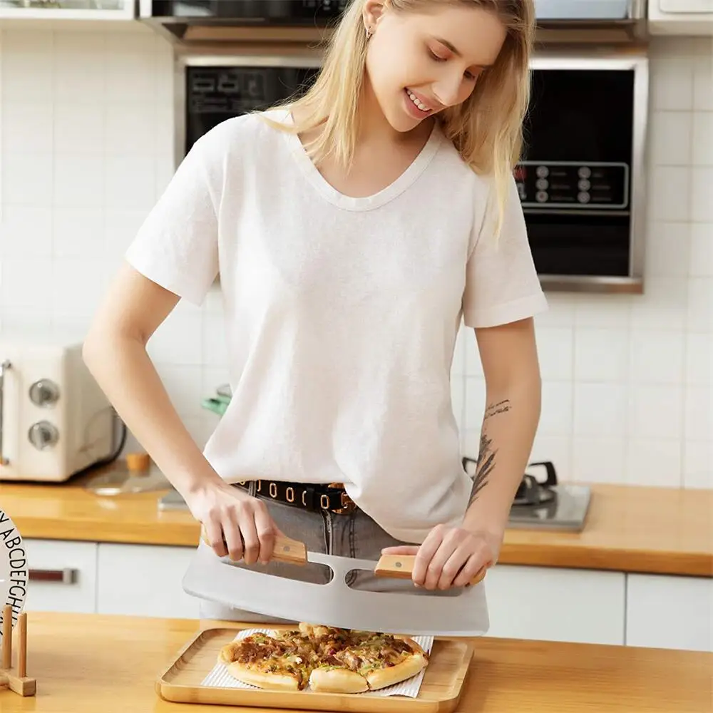 Pizza Cutter Stainless Steel Rocker Blade Wooden Handles With Cover Pizza Rocking Cutter Tools Mezzaluna Knife Kitchen pizza cutter