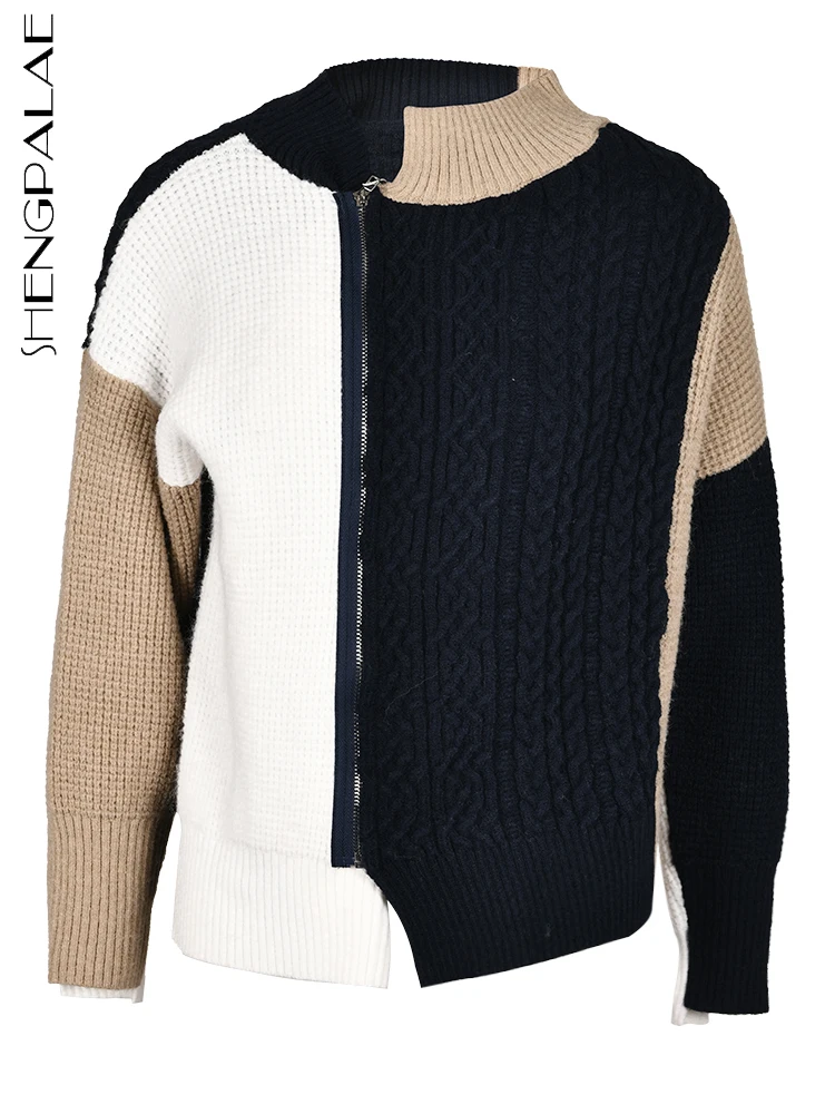

SHENGPALAE Spliced Contrast Color Sweater For Women Autumn 2023 New Stand Collar Zipper Knitting Thicken Cardigan Female CP2136