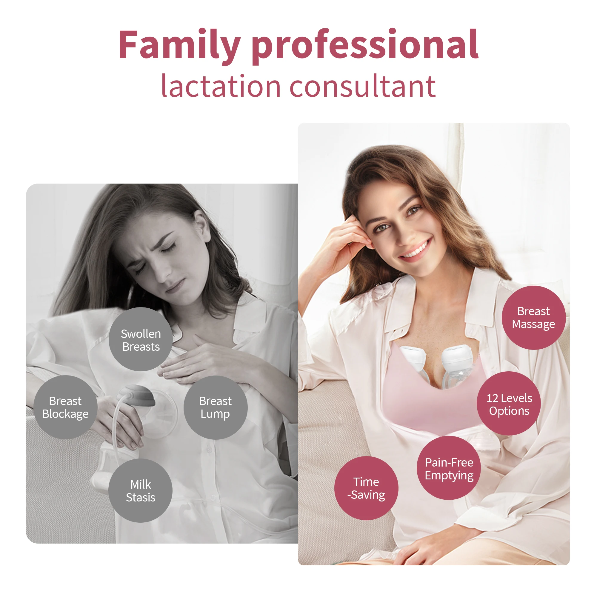 Breast Pump Hands Free Wearable Breastpump of Baby Mouth Double-Sealed Flange with 3 Modes & 12Levels, Electric Breast Pump