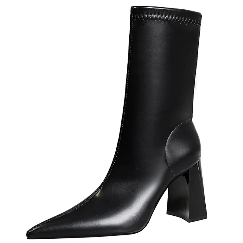 BIGTREE Shoes Fashion High-heeled Boots Pu Leather Boots Thick Heel Ankle Boots For Women Pointed Shoes Autumn Winter Boots 2023