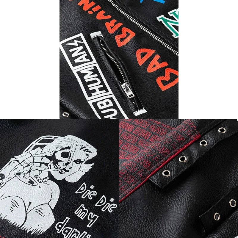 Graffiti Print Motorcycle Jacket for Women's and Men's 2024 Trend Punk Style Streetwear Contrast Black Faux Leather Jackets