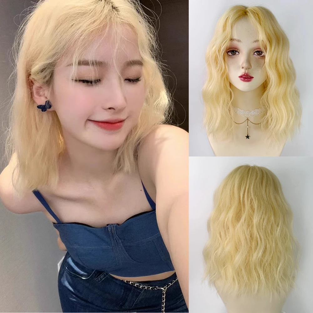 Blonde Synthetic Short Wavy Curly Wigs Middle Part Women Natural Lolita Cosplay Hair Wig for Daily Party